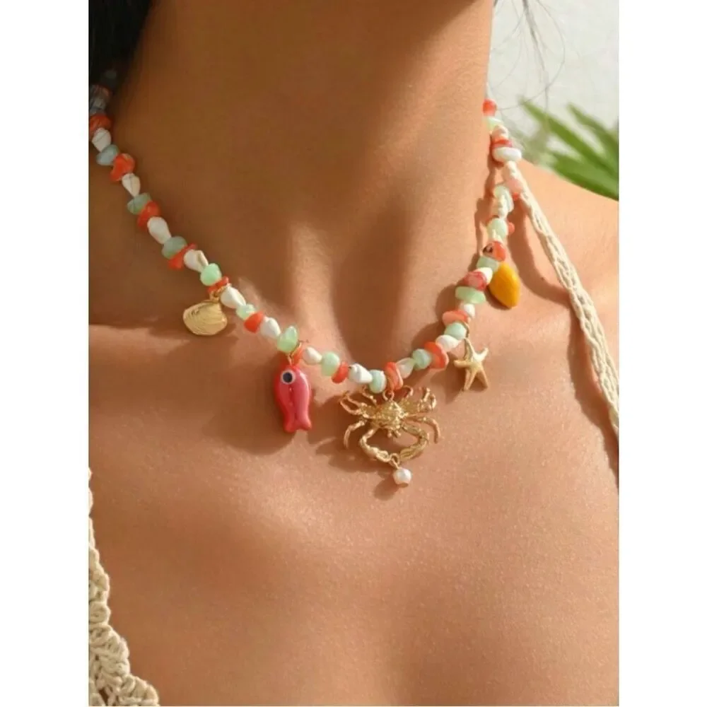 Gold Crab Charm Beaded Necklace A1902